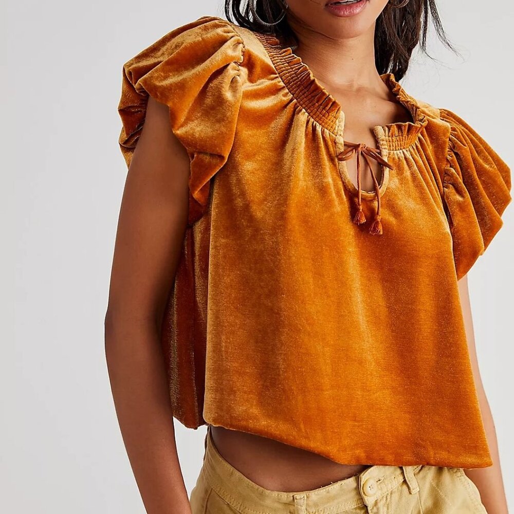 FREE PEOPLE Terese Velvet Puff Sleeve Top in Pumpkin, Size XS